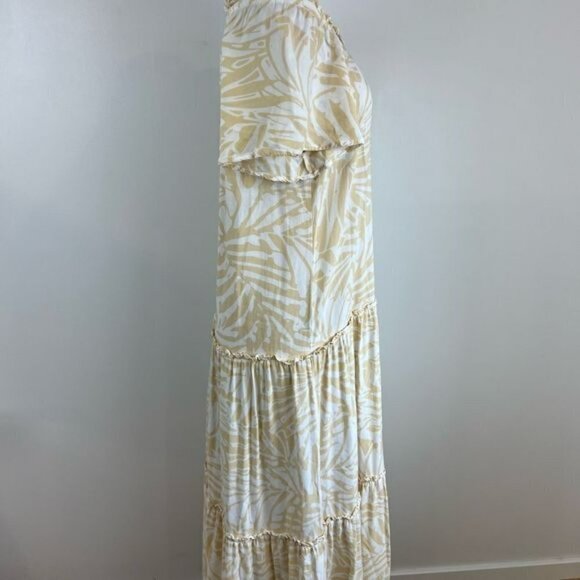 Patrons Of Peace Dress Size M Maxi Ruffle Tier Tie Neck Off Shoulder Tan White - Picture 12 of 13
